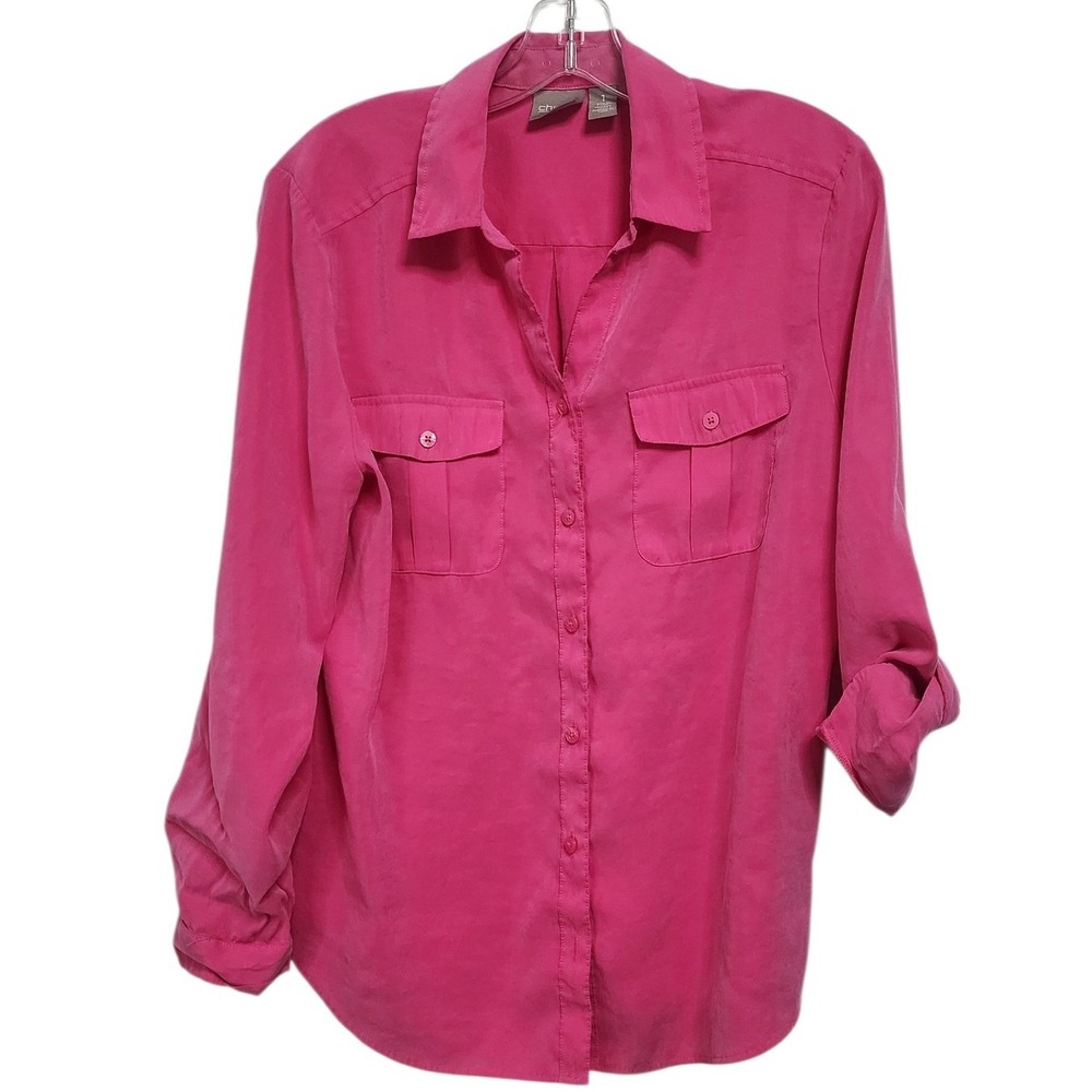 Chicos Pink Button Front‎ Roll Tab Sleeve Utility Shirt Women Size 1